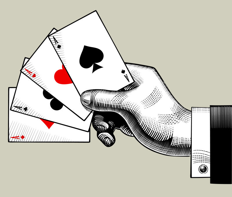 抽象手拿各色扑克的矢量创意插图