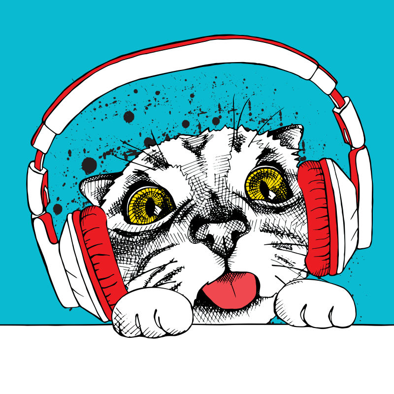 抽象戴耳机的猫咪矢量插图