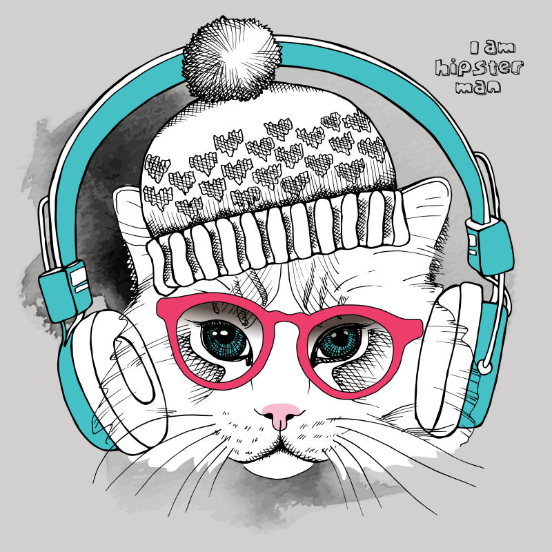 抽象戴耳机的布偶猫矢量插图