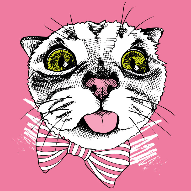 抽象矢量戴粉红领结的猫咪插图