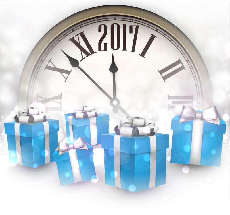 新年时钟和蓝色礼品盒矢量插图