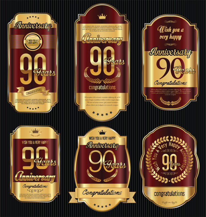 创意矢量金色红色90周年的标签设计