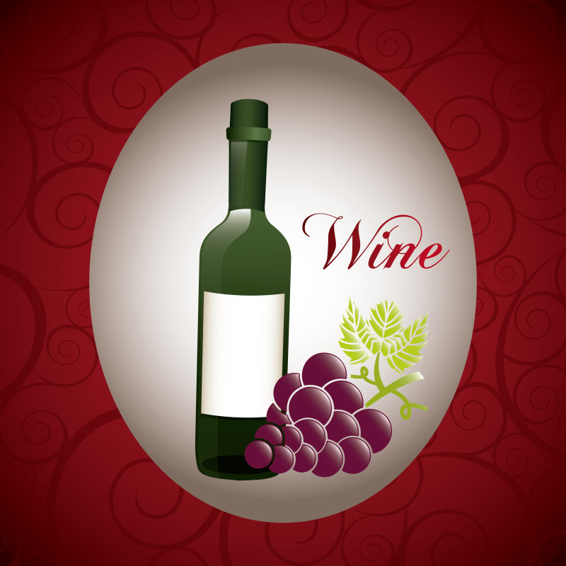 红色背景上的矢量葡萄酒和葡萄设计图标