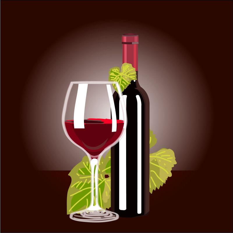 深褐色背景下的绿叶前的矢量红酒杯和红酒玻璃瓶