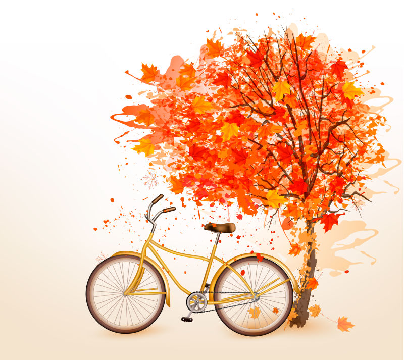 秋天枫树下的自行车矢量插图