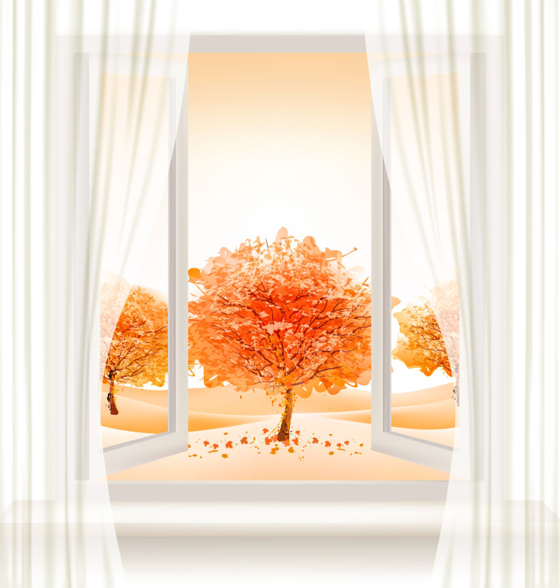 窗子外面的枫树矢量插图
