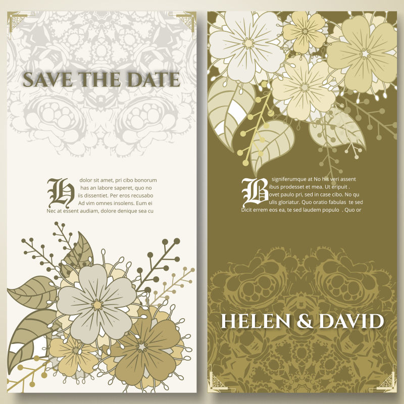 棕色花卉图案的矢量婚礼卡设计
