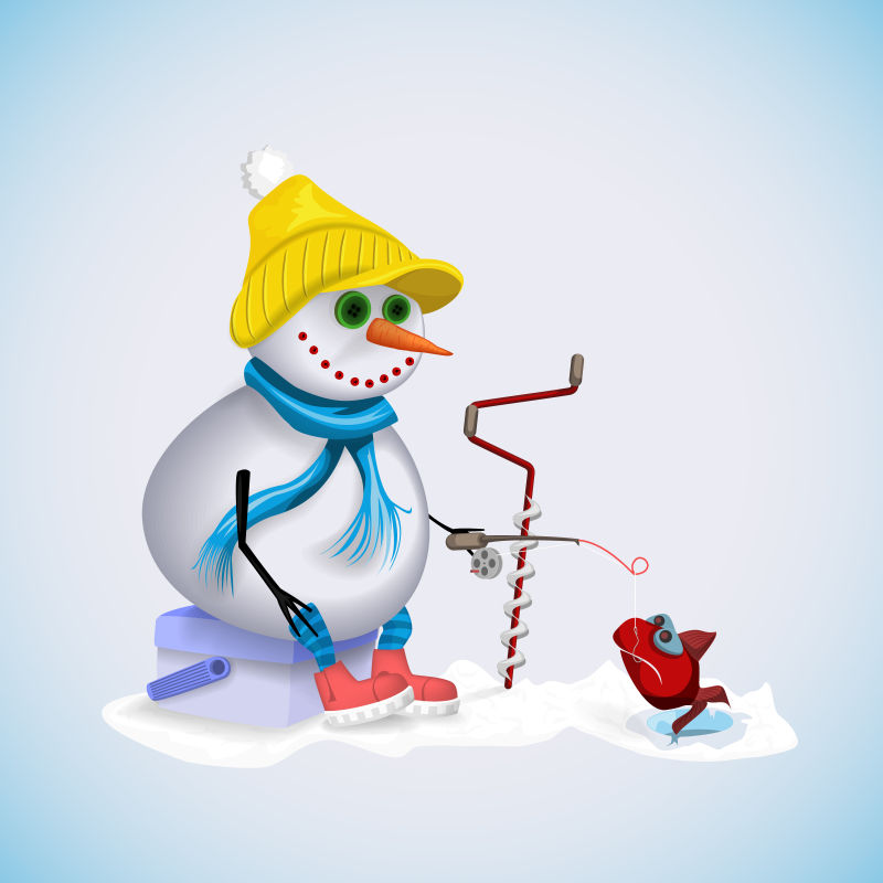创意矢量在冰上钓鱼的雪人插图