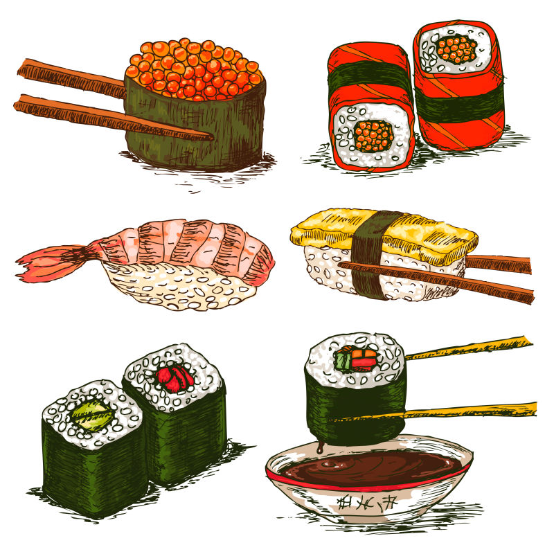 创意矢量美味的寿司手绘插图