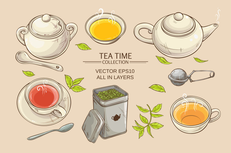 创意矢量手绘风格的茶具插图