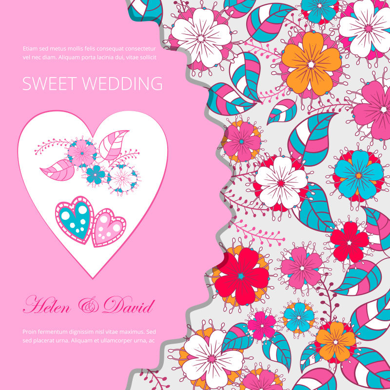 创意矢量粉色现代花卉元素的浪漫婚礼请帖设计