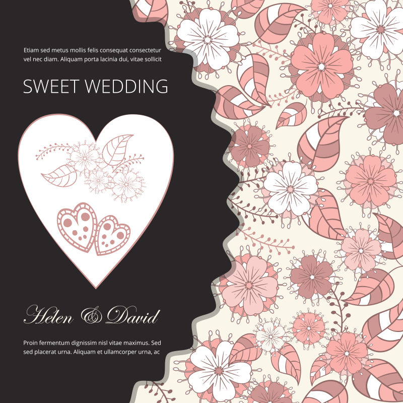 创意矢量现代粉色花卉元素的婚礼请帖设计