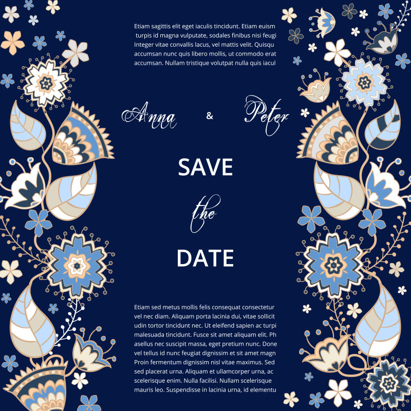 创意矢量蓝色花卉装饰婚礼请帖设计