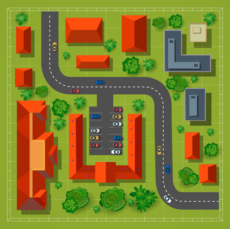 矢量抽象有红屋顶房子的小镇道路插图