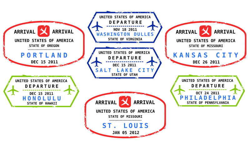 矢量抽象各种美国护照海关印章