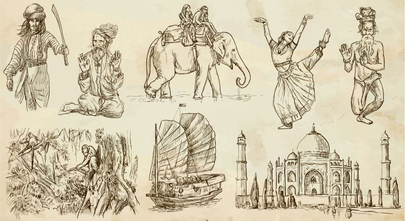 印度文明手绘速写矢量插图