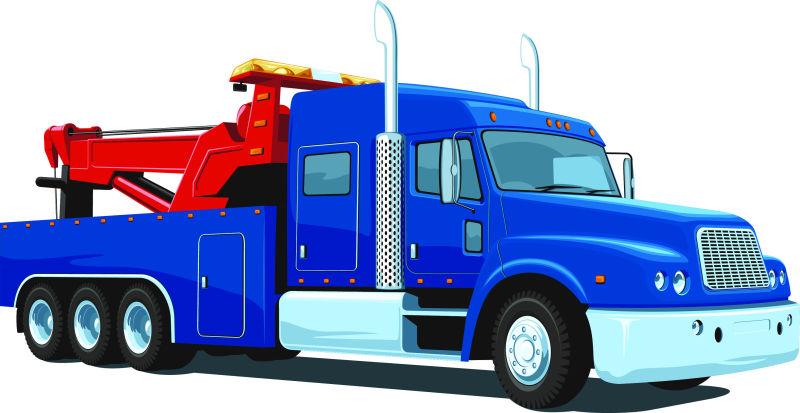 白色背景上的矢量蓝色卡车和红色拖车设计