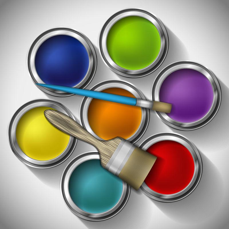 灰色背景上的彩色颜料罐和刷子矢量插图