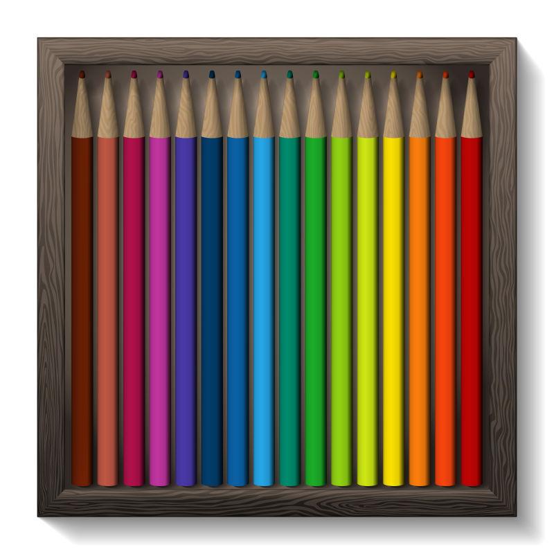 白色背景上棕色盒子里排列整齐的彩色铅笔的矢量插图