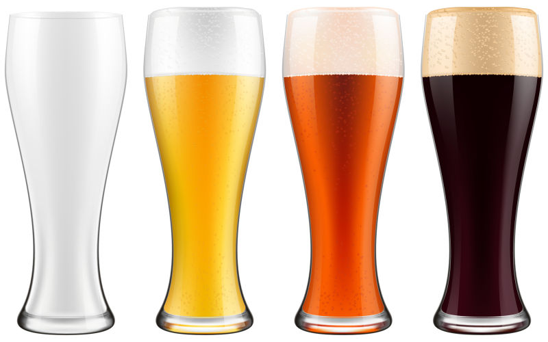 装着不同种类啤酒的玻璃杯矢量插图