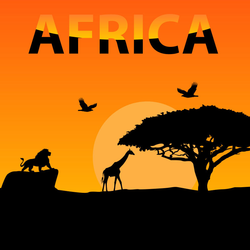 非洲草原上的动物轮廓矢量插图