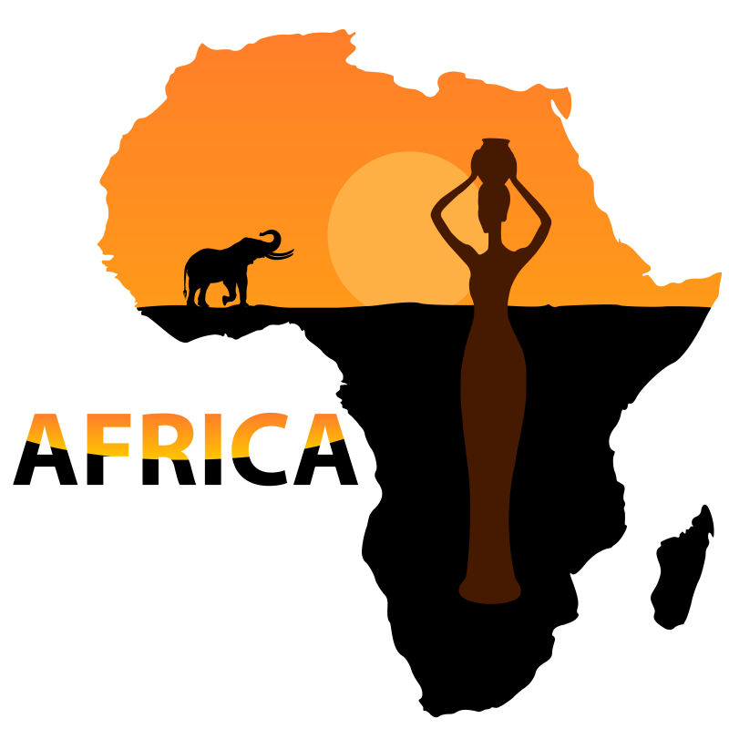 非洲大象和女人轮廓矢量插图