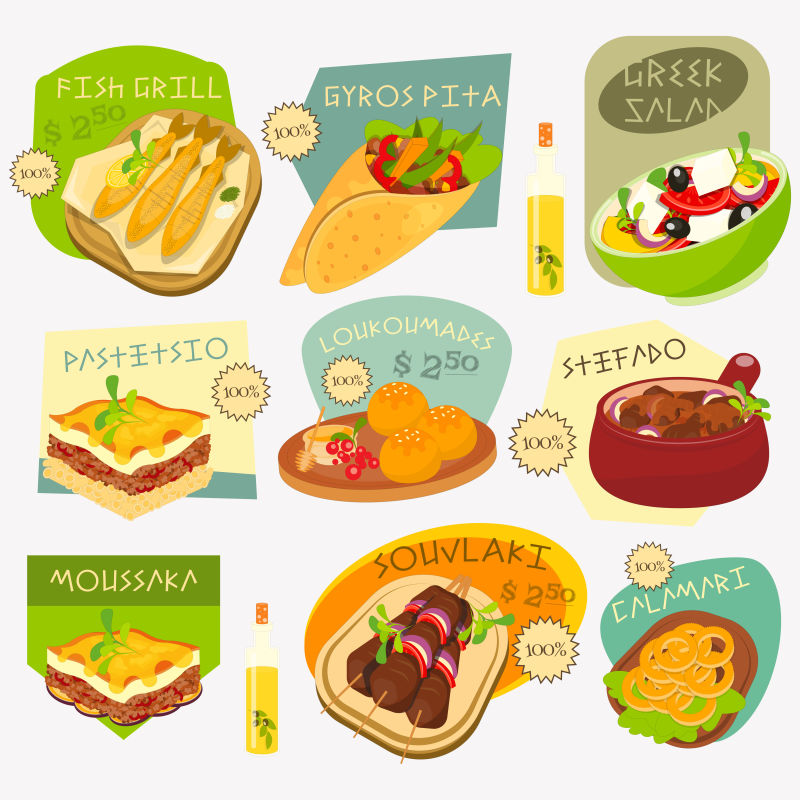 矢量希腊食品的创意平面标签设计
