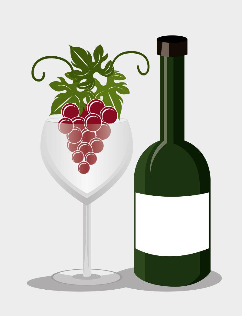 白色背景上的矢量葡萄酒瓶和高脚杯里的葡萄