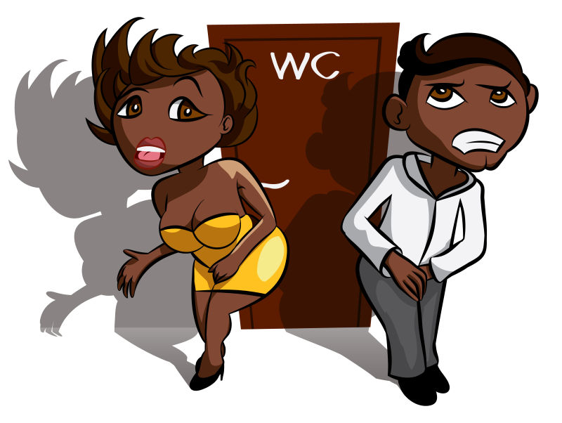 创意矢量等待厕所的黑人男女插图