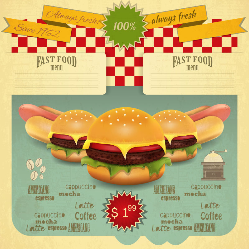 创意矢量复古快餐元素的菜单海报设计