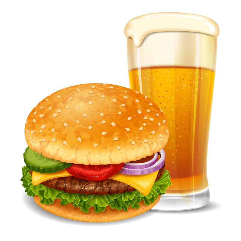 美味汉堡包和啤酒矢量插图