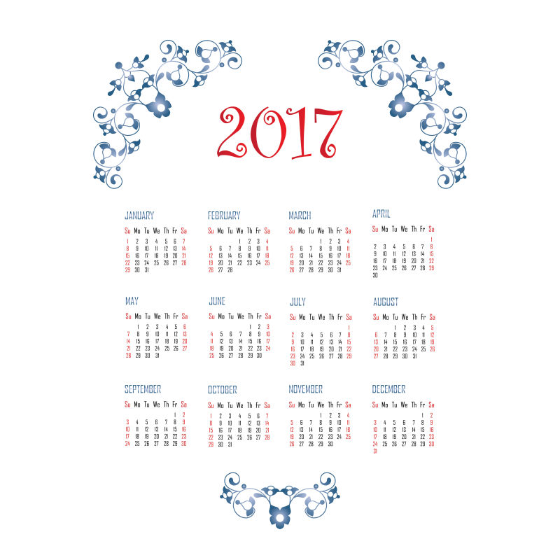蓝色花卉图案的矢量日历设计