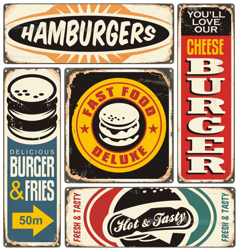 矢量的金属汉堡标志牌设计