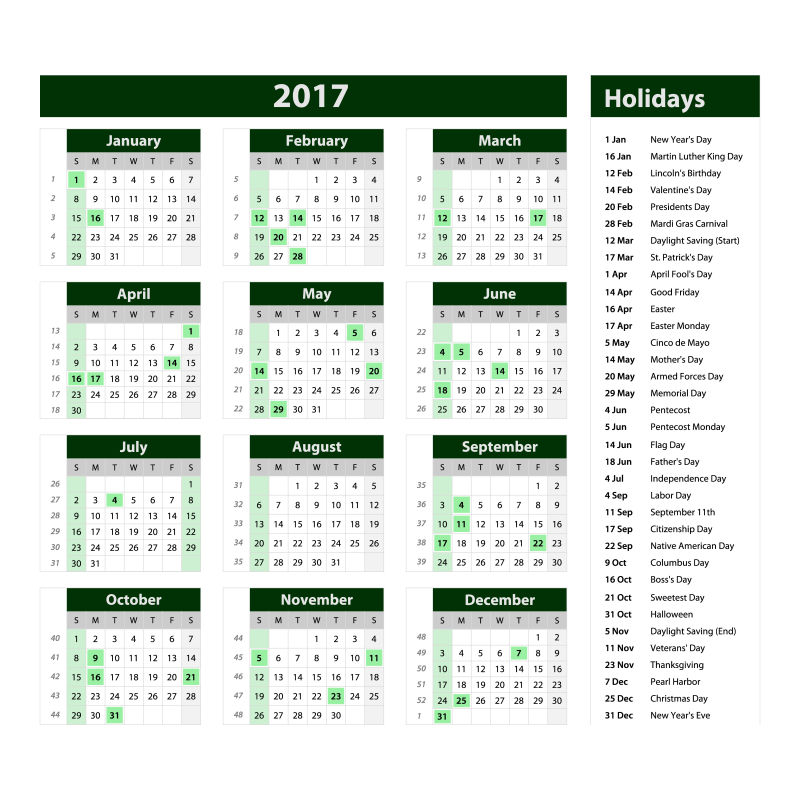 矢量绿色图案的2017日历设计