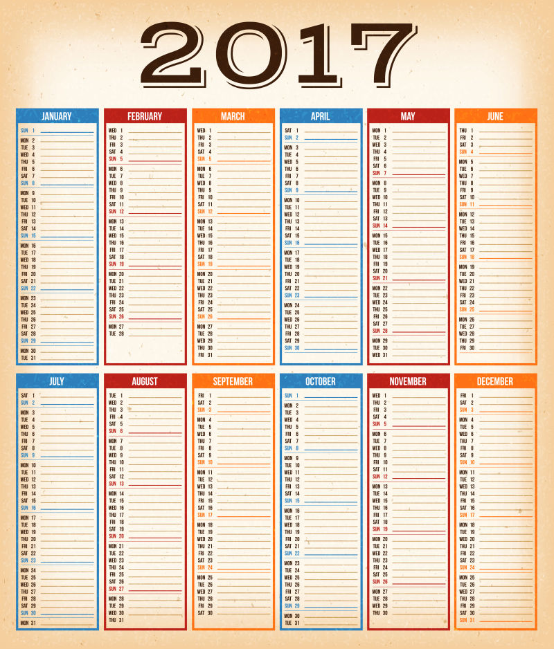 米色背景的2017年日历矢量设计