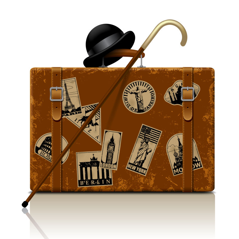 抽象矢量复古棕色手提箱和帽子手杖