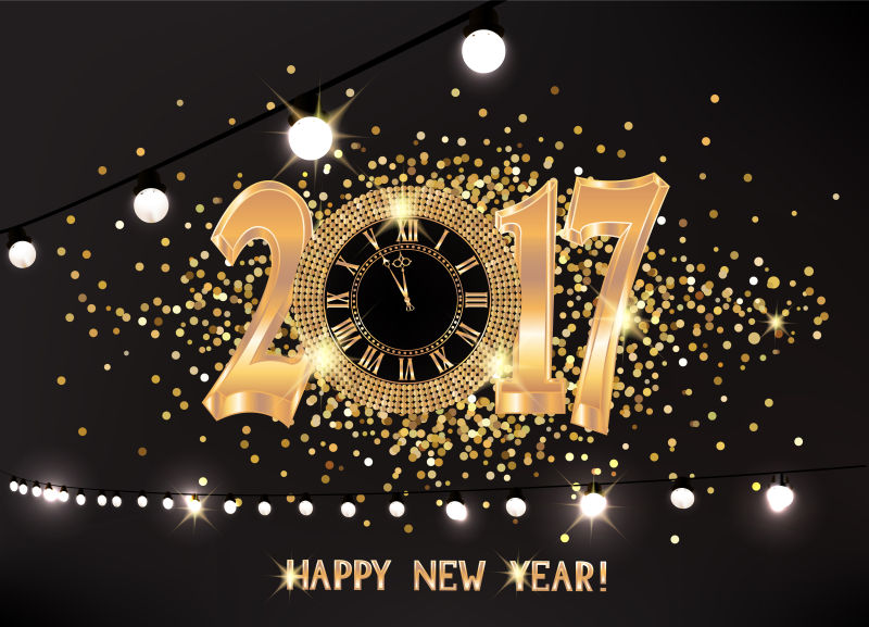 创意金色时钟元素的矢量新年背景