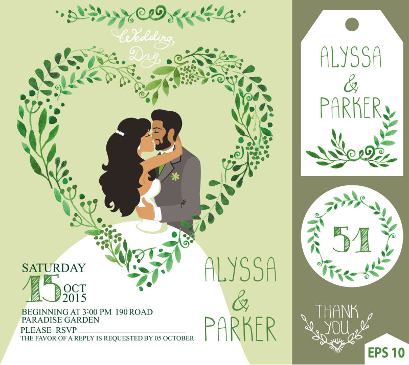 创意矢量浪漫绿叶元素的婚礼请帖设计