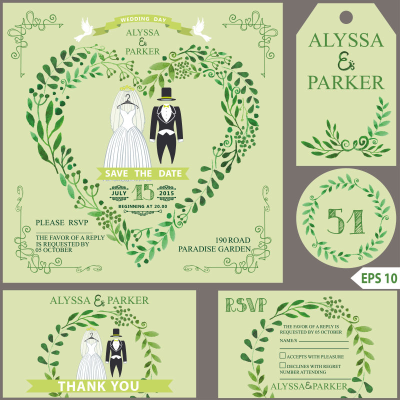 创意矢量绿叶元素的抽象婚礼请帖设计
