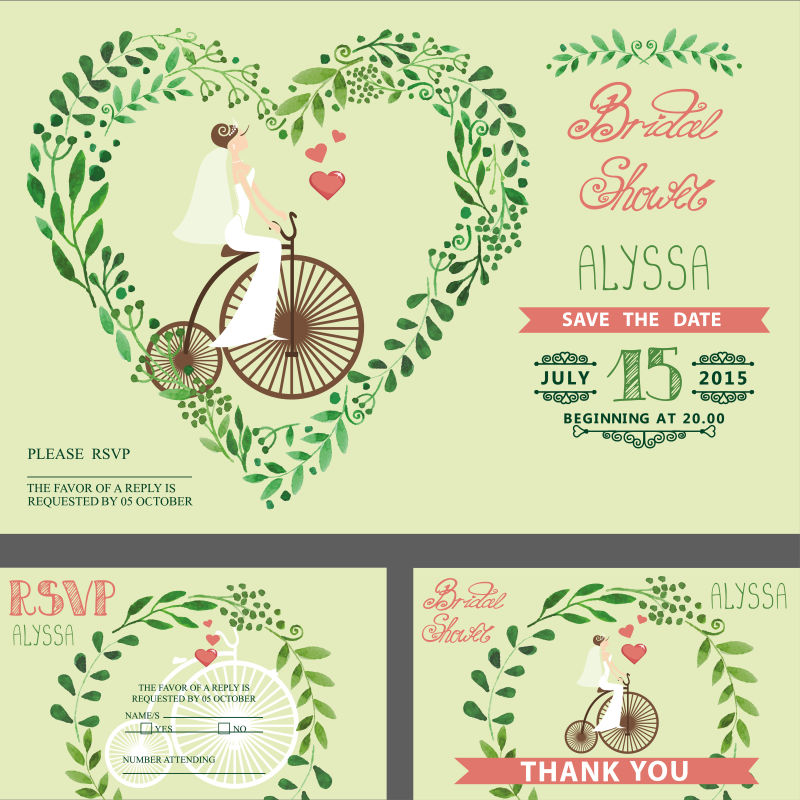 创意矢量绿色浪漫心形元素的婚礼请帖设计