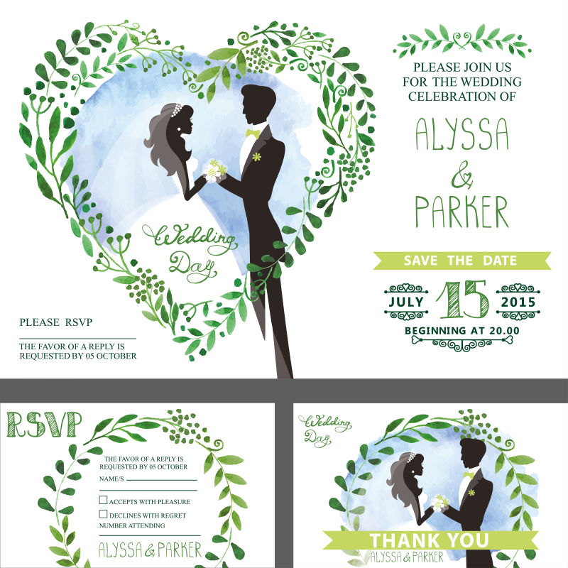 抽象矢量现代绿叶爱心元素的婚礼请帖设计