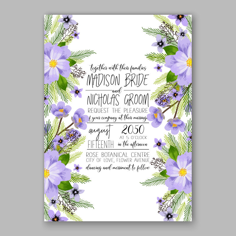 创意矢量紫色美丽花卉装饰的请帖设计