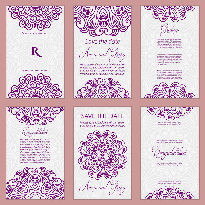 创意矢量紫色花纹装饰婚礼请帖设计