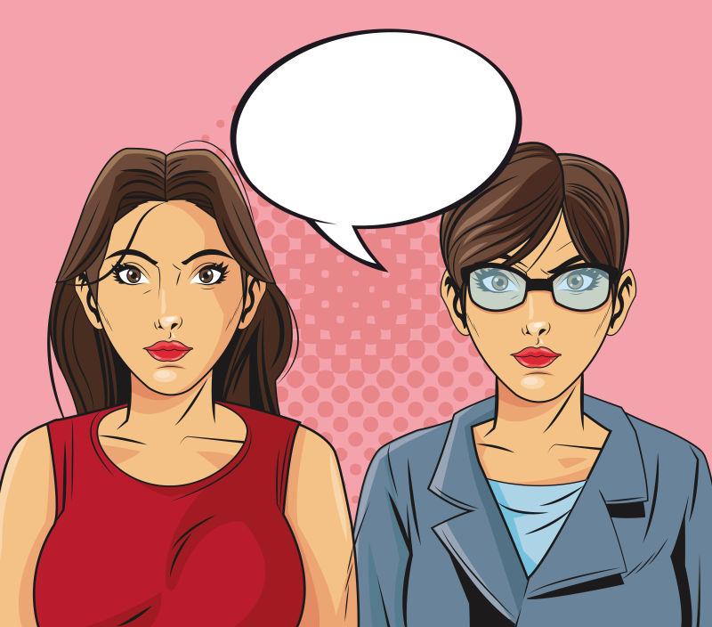粉色背景下矢量带有白色对话框的两个女人卡通人物设计
