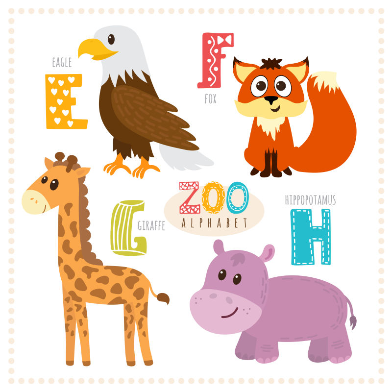 抽象卡通动物字母表的矢量插图