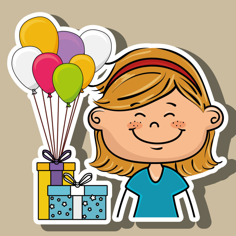 女孩和绑着气球的礼盒矢量插图