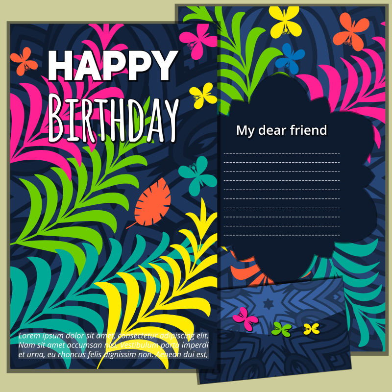 创意矢量彩色树叶元素的生日快乐贺卡设计