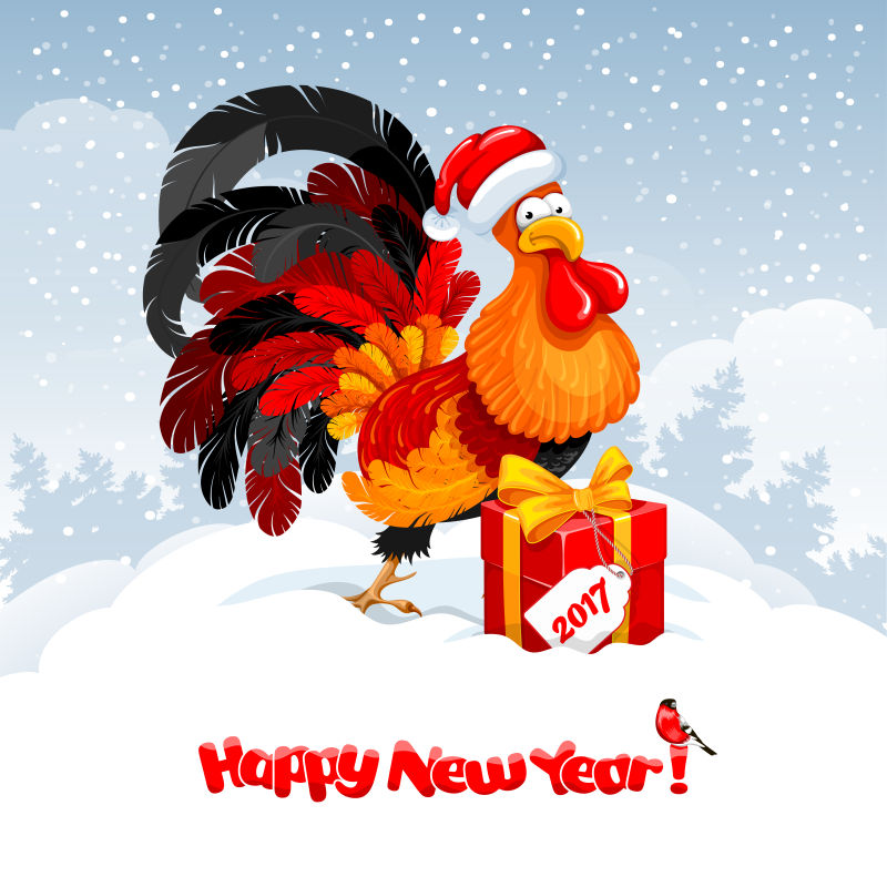 矢量雪地中的庆祝新年的公鸡插图
