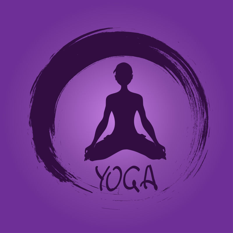紫色背景上的坐式瑜伽标志