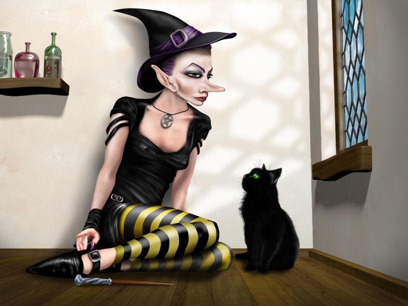一个年轻女巫和她的猫坐在一起